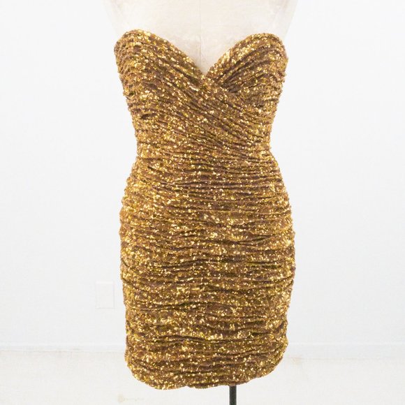 Vintage 90s SM Ruched Sequin Mini Party Dress Gold - Picture 16 of 16